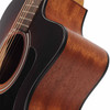 Close-up angled view of Taylor 114ce acoustic-electric guitar showing the cutaway, sunburst top, black binding, soundhole, and natural wood side. card