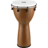Angled front view of a Meinl woodgrain-finish djembe featuring a synthetic drumhead and black tuning hardware. card