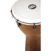 Close-up of the synthetic drumhead and black tuning hardware on a woodgrain-finish Meinl djembe. card