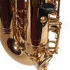Close-up of Selmer Soloist alto saxophone lower body showing serial marking, Made in Taiwan engraving, and surrounding keywork. card