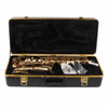 Selmer Soloist alto saxophone displayed inside its open black hardshell case with accessories. card