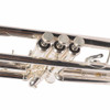 Close-up of the valve cluster and finger buttons on the Bach Stradivarius 180S37R silver trumpet. card