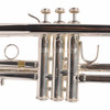 Close-up of the valve casings, serial number, and valve block on the Bach Stradivarius 180S37R trumpet. card