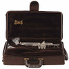 Interior view of the Bach Stradivarius hard case with the trumpet secured inside and accessories compartment visible. card