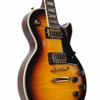 Angled front view of the used 2025 Epiphone Les Paul Custom showcasing the carved top, cream binding, and gold hardware. card