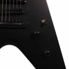 Close-up of Vulture bridge and tailpiece, selector switch, and two black control knobs on the satin black body. card