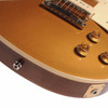 Close-up of the lower bout on the used 2025 Gibson Les Paul Standard '50s P-90 showing the Gold Top finish, control knobs, and output jack. card