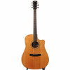 Full front view of the 2002 Larrivée DV-05 acoustic-electric guitar showing its natural finish, dreadnought body, Venetian cutaway, and six-string neck. card