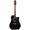 Full front view of the Takamine EF381SC showing its black cutaway dreadnought body, 12-string neck, white binding, and decorative fingerboard inlays. card