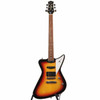 Full front view of Bootlegger Hounder 98 sunburst electric guitar with three pickups, white pickguard, diamond fingerboard inlays, and chrome hardware. card