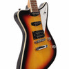 Angled front view of Bootlegger Hounder 98 sunburst electric guitar showing black body sides, cream binding, white pickguard, and three-pickup layout. card