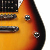 Close-up of sunburst body, bridge humbucker, chrome bridge and tailpiece, and two knurled control knobs; minor surface marks are visible near the controls. card
