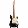 Full front view of black Squier Strat electric guitar with natural headstock, dark fingerboard, and cream pickguard. card