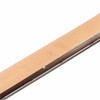 Close-up of the maple neck and dark fingerboard edge showing side dot marker, fret ends, and small ding. card