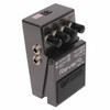 Angled view of BOSS RV-6 Reverb pedal showing the dark metallic enclosure, four control knobs, dual output jacks, and power input. card