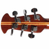 Rear headstock close-up showing Ovation Custom Balladeer chrome tuning machines, wood grain, and laminated center stripe. card
