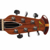 Close-up of Ovation Custom Balladeer headstock showing Ovation logo, chrome tuners, and visible scratches and marks in the wood. card