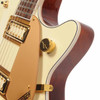 Close-up of Gretsch Electromatic Pristine LTD Jet upper body showing White Gold finish, binding, gold control knob, pickup, and pickguard. card