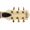 Close-up of Gretsch Electromatic Pristine LTD Jet headstock with White Gold finish, Gretsch logo, and six gold tuning machines. card