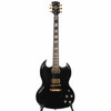Full front view of Gibson SG Supreme electric guitar in gloss Ebony with gold hardware and split diamond fretboard inlays. card