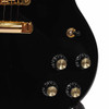 Close-up of Gibson SG Supreme controls showing four black and gold knobs, pickup selector, and gold tailpiece. card