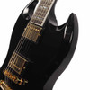 Close angled view of Gibson SG Supreme upper body showing dual gold humbuckers, bound fretboard, and sculpted double cutaways. card