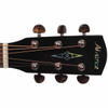 Close-up of black Alvarez headstock with abalone logo and inlay, six tuning machines, and dark pearloid tuner buttons. card