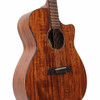 Angled front view of Alvarez koa acoustic-electric guitar showing figured top, wood sides, decorative binding, cutaway, and bridge. card