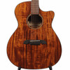 Close front view of Alvarez RG99KCE-ELITE acoustic-electric guitar showing figured koa top, cutaway body, abalone rosette, and dark bridge. card