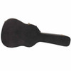 Black hardshell acoustic guitar case with textured exterior, stitched edging, and metal latches. card