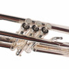 Close-up of the three trumpet valve buttons, valve casings, and finger hook with light surface wear. card