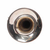 Front view into the trumpet bell showing scratches and wear across the silver-plated bell flare. card