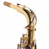 Close-up of the curved neck and octave-key mechanism on the Yamaha Advantage alto saxophone. card