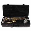 Open Yamaha alto saxophone case showing the instrument, neck, and included accessories. card