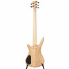 Full rear view showing the natural wood body and neck, five tuning machines, bolt-on neck joint, and black electronics cavity cover. card