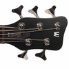 Front headstock close-up showing the black Warwick headstock, five chrome tuning machines, and Corvette $$ truss rod cover. card