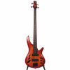 Full front view of the Ibanez SRD900F four-string fretless bass with figured burst body, dark fingerboard, and black hardware. card