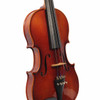 Angled front view of violin showing reddish-brown finish, bridge, f-holes, and surface wear. card