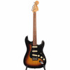 Full front view of the 2016 Fender Deluxe Stratocaster with 2-Color Sunburst body, black pickguard, rosewood fingerboard, and maple neck. card