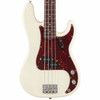 Close-up front view of Fender Precision Bass in white with tortoiseshell pickguard, rosewood fingerboard, split-coil pickup, and chrome hardware. card