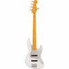 Full front view of white Fender five-string Jazz Bass with maple fingerboard, silver pickguard, dual pickups, and chrome hardware. card