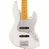 Close-up front view of white Fender Jazz Bass with maple fingerboard, silver pickguard, dual pickups, five-string bridge, and chrome controls. card