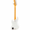 Full rear view of white Fender five-string Jazz Bass showing maple neck, chrome neck plate, battery compartment, and string ferrules. card