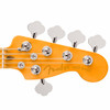 Front headstock close-up showing Fender Jazz Bass logo, five-string tuning layout, chrome tuners, and string retainers. card