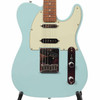 Close-up front view of Daphne Blue Fender Deluxe Nashville Telecaster body with three pickups, cream pickguard, chrome bridge, and control plate. card