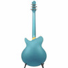 Full rear view of Eastman Romeo LA showing Celestine Blue back, matching neck and headstock, and cream heel accent. card