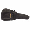 Black Martin padded gig bag with carrying handles, front accessory pocket, zippers, and gold Martin logo. card