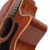 Close-up of the cutaway showing the Honeyburst top, wood binding, soundhole, pickguard, and figured wood side. card