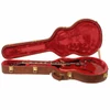 Cherry Gibson ES-345 resting inside its open brown hardshell case with red plush interior. card