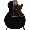 Close-up front view of black Gibson Les Paul Junior with tortoiseshell pickguard, single P-90 pickup, wraparound bridge, and two control knobs. card